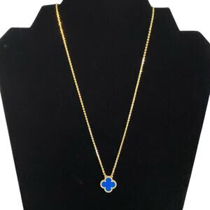 Blue Four Leaf Clover Pendant Necklace Gold Tone Beaded Edge Chain 18"